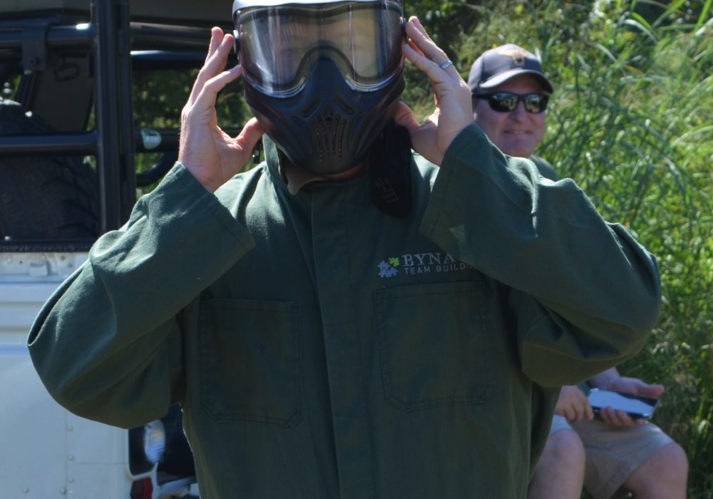 Player wearing paint balling gear